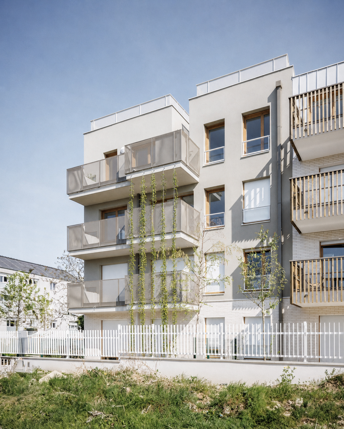 Balcon avec végétation filante d'un immeuble de 56 logements collectifs à Bondy conçu par Cussac Architectes & Associés (CA+A).
